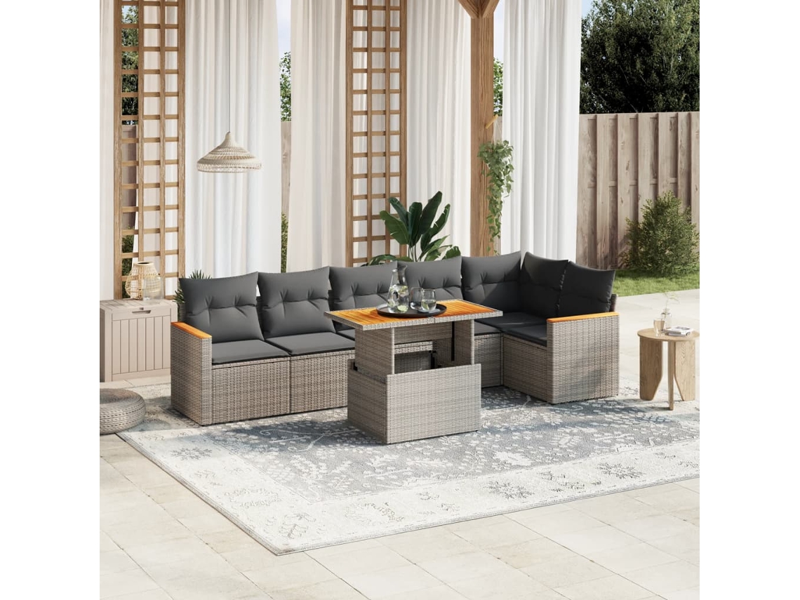 Conjunto de sofá de jardín de 7 piezas con cojines, mimbre gris, DKD Home Decor