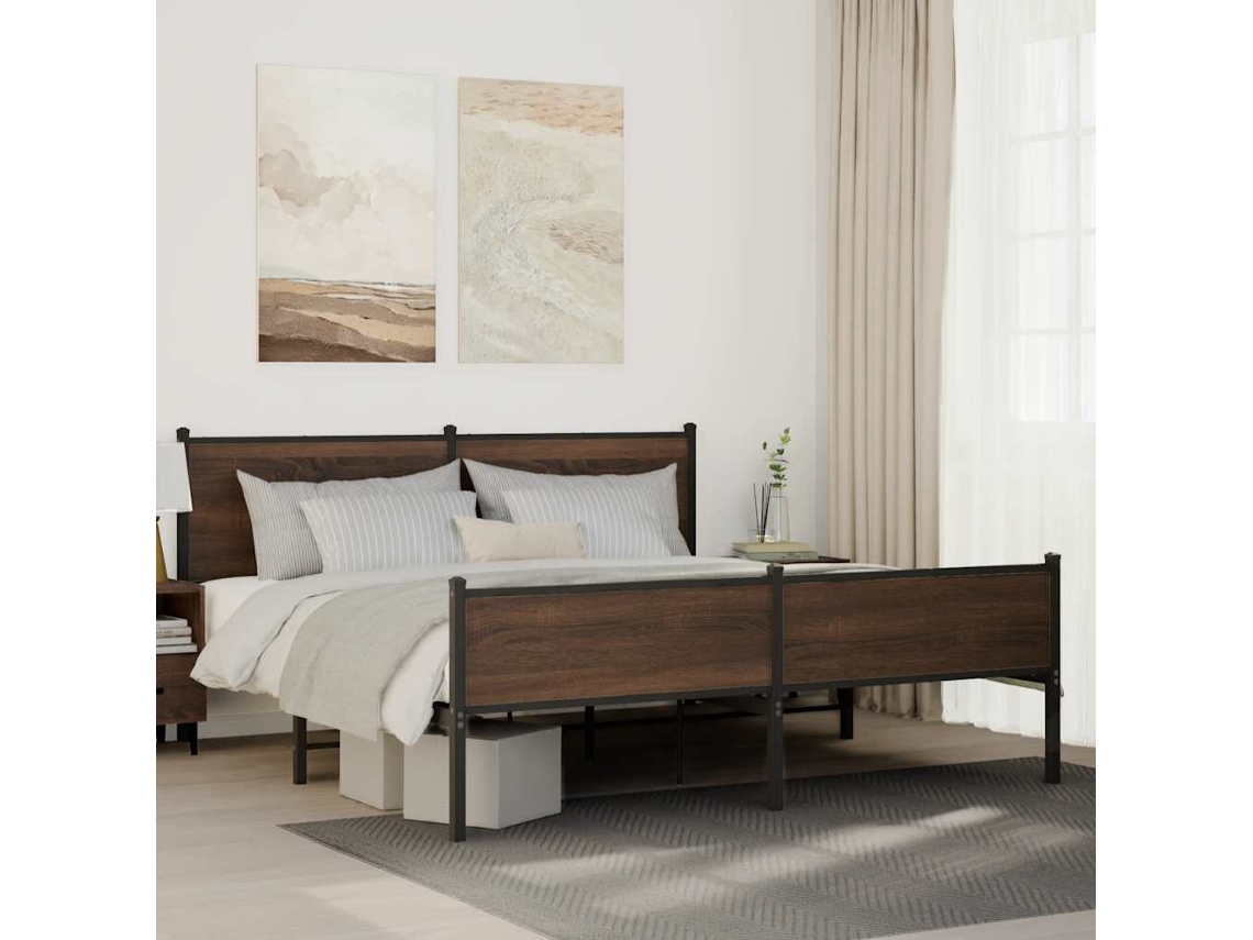 Estructura De Cama Sin Colchón Metal Marrón Roble 160x200 Cm