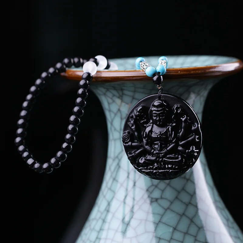 Collar con colgante de obsidiana Pixiu, amuleto del Buda Amitabha MDUG