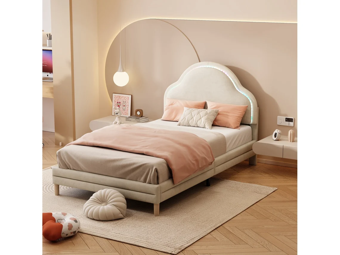 Cama De 90x200 Con Cabecero Cloud Y Tapizado Led En Terciopelo Beige. Colchón No Incluido.