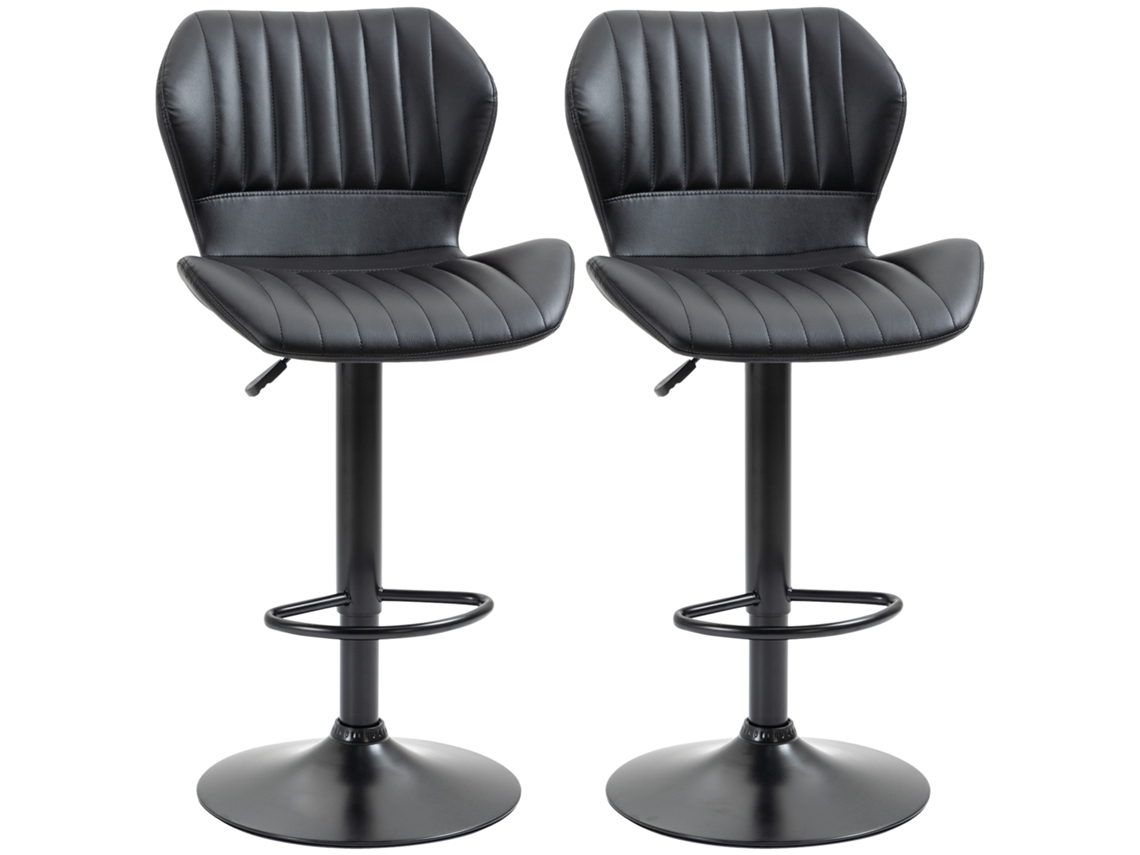 Juego de 2 taburetes de bar, altura regulable: 48,5 x 55,5 x 90 (110 cm), en piel sintética y acero negro.