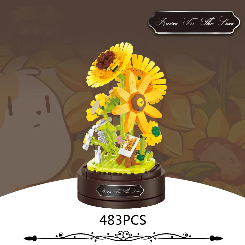(Amarillo) Bloques de construcción creativos, caja de música con flores preservadas, con cubierta protectora contra el polvo, un regalo para niñas.