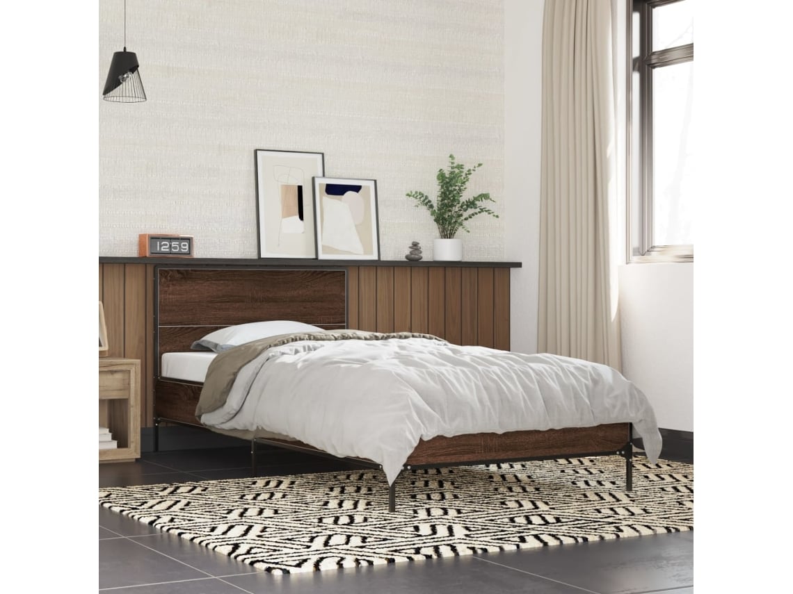 Estructura Cama Madera Ingeniería Metal Marrón Roble 100x200 Cm