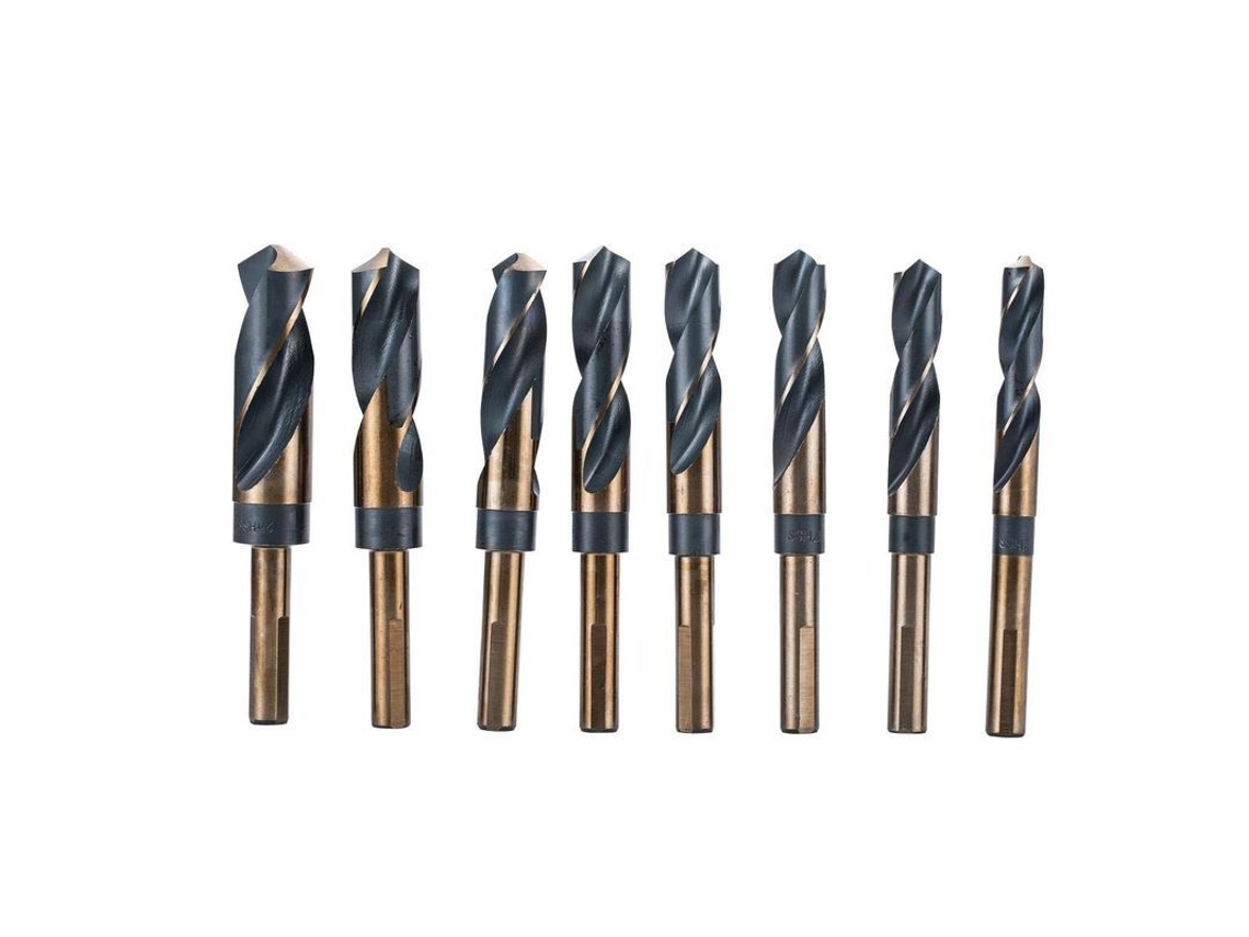 Set 8 Brocas Hss 14-25mm Mango Reducido 1/2" Acero Rápido Caja Aluminio Madera Metal