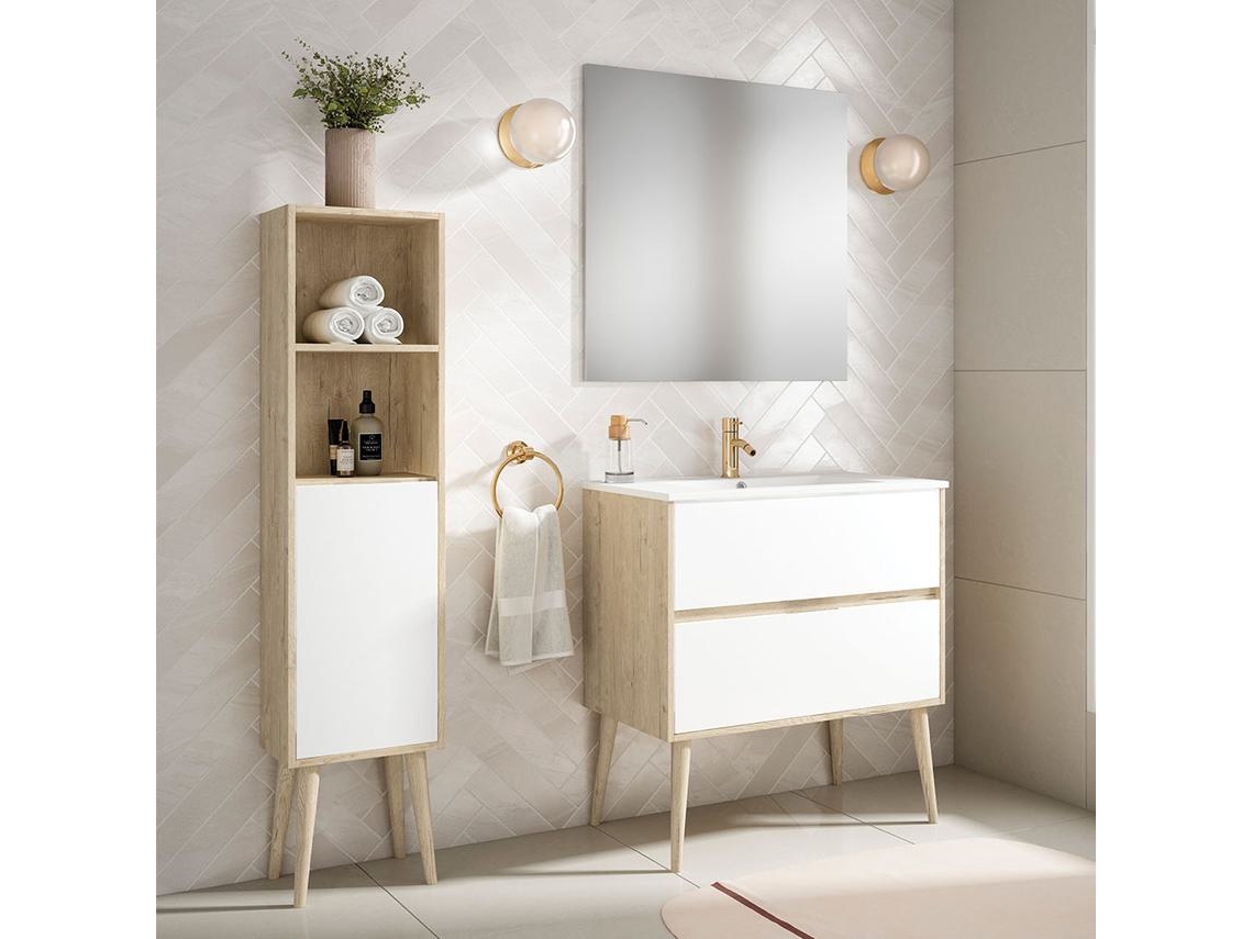 Mueble de baño con Lavabo, Espejo y Aplique LED NORUEGA 70x45 cm acabado Roble Y Blanco mate 2 cajones suspendido