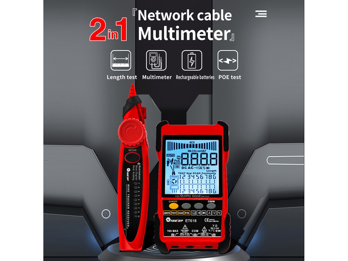 Comprobador De Cables Portátil Tooltop Et618 Con Pantalla Lcd, Prueba Poe, Medición De Longitud Y Funciones Multifuncionales
