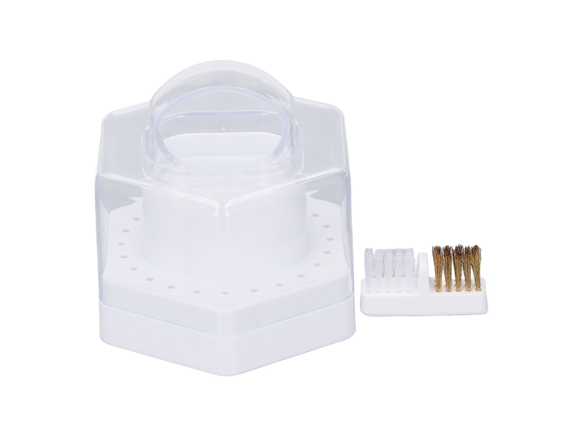 Estuche multifuncional blanco para almacenamiento y limpieza de brocas para taladro de uñas con 24 compartimentos.