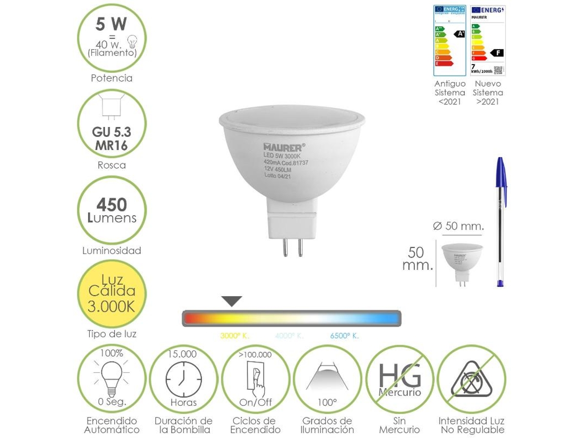Bombilla led dicroica rosca gu 5.3 / mr16. 5 watt. equivale a 40 watt. 405 lumenes. luz cálida (3000 k.)