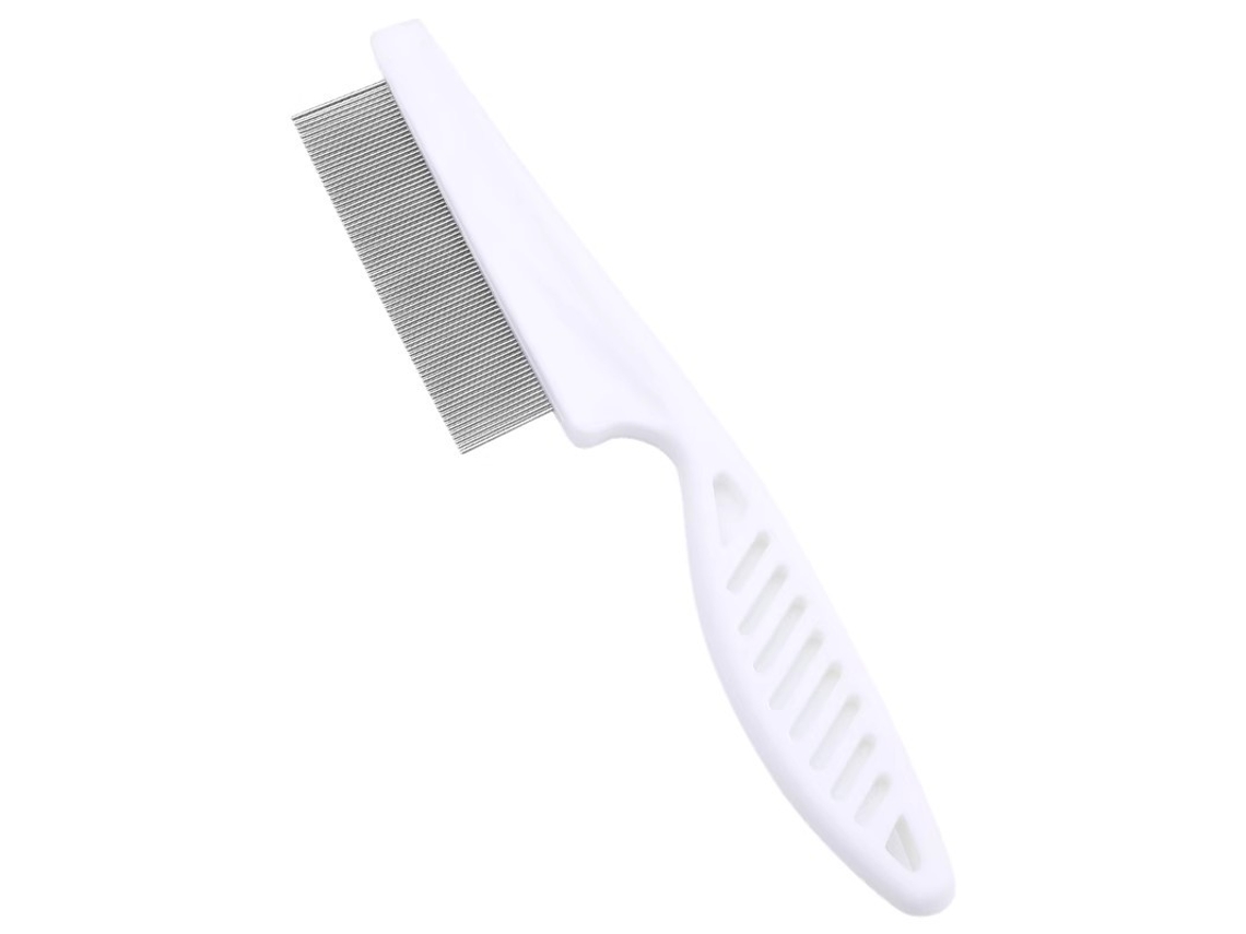 Peine para piojos de mascotas, 18 cm, Mango Blanco, dientes finos, elimina parásitos y pelo suelto.