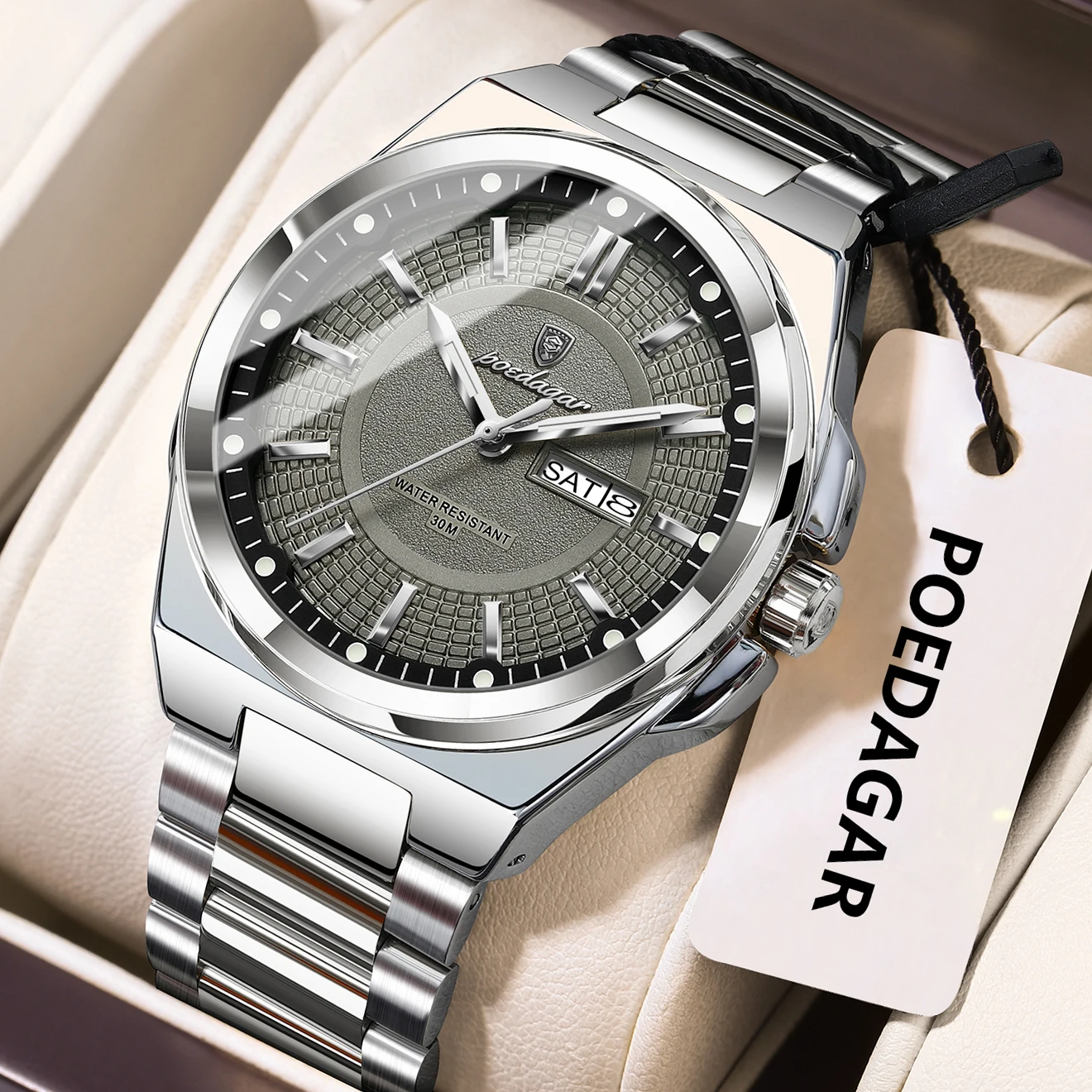 Reloj De Cuarzo Para Hombre, Resistente Al Agua Y Luminoso (caja Plateada, Esfera Gris).