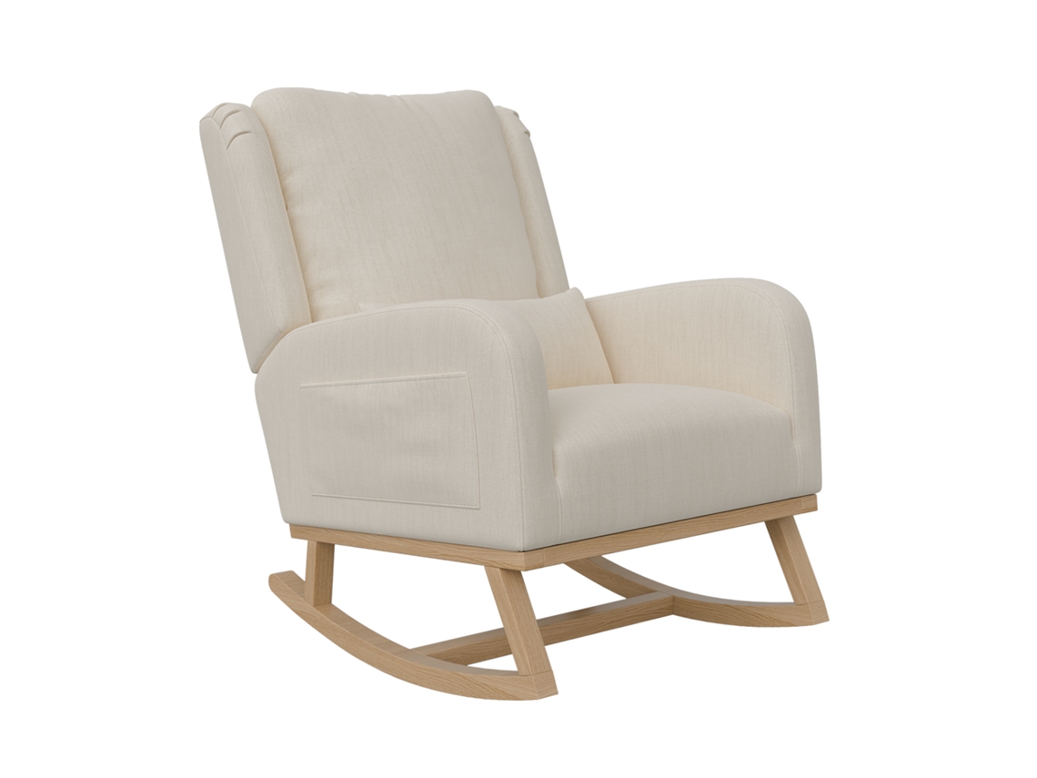 Sillón mecedor tapizado, sillón de descanso, mecedora de lino con base de madera, 2 bolsillos laterales, 1 cojín lumbar, beige