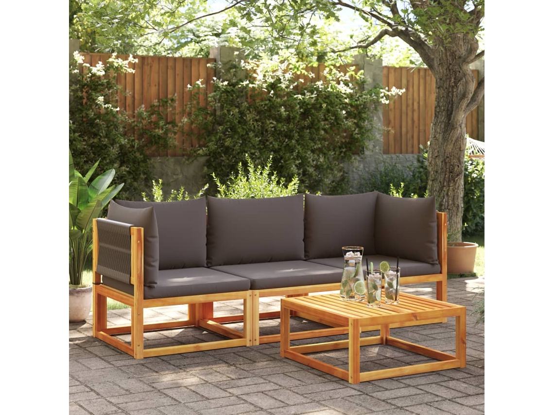 Conjunto de sofá de jardín de 3 piezas con cojines de madera maciza de acacia, Dkd Home Decor