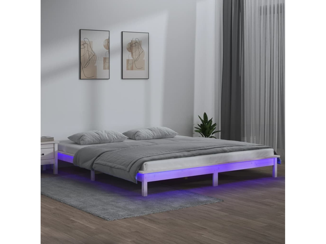 Estructura Cama Led Sin Colchón Madera Maciza Blanco 160x200 Cm
