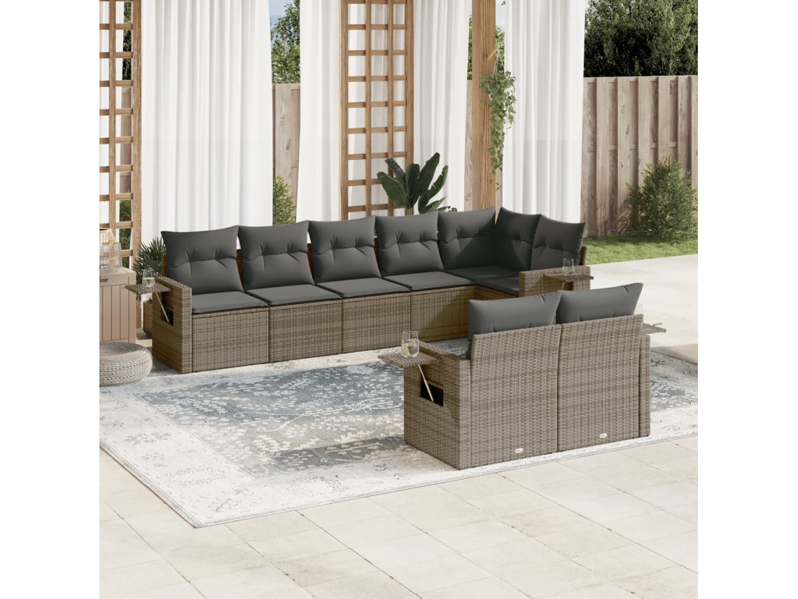 Conjunto de sofá de jardín de 8 piezas con cojines, ratán gris, DKD Home Decor