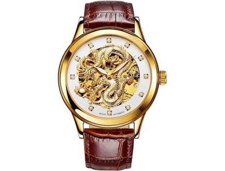 VEANXIN Reloj para hombre con esfera dorada y correa de cuero esqueleto resistente al agua-Oro y blanco