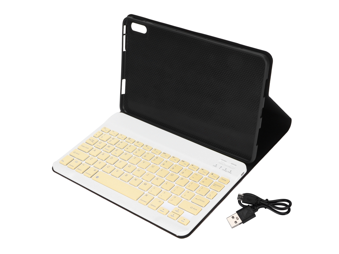 Teclado inalámbrico Baoj-2026 de 10 pulgadas para Huawei Matepad 10.4 con teclas cuadradas y funda protectora de cuero amarillo.