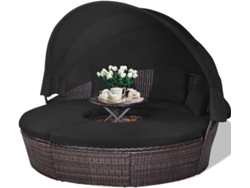 Tumbona Isla de Ratán Jardin, Toldo Plegable, Cama Isla Exterior con Mesa Ajustable de Altura, Protección UV, 3 Cojines Impermeables Extraíbles COSTWAY