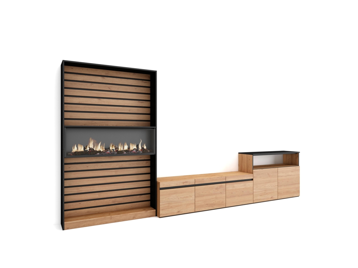 Muebles de Salón para TV 360x186x35cm Para TV hasta 65 Chimenea eléctrica Roble y negro