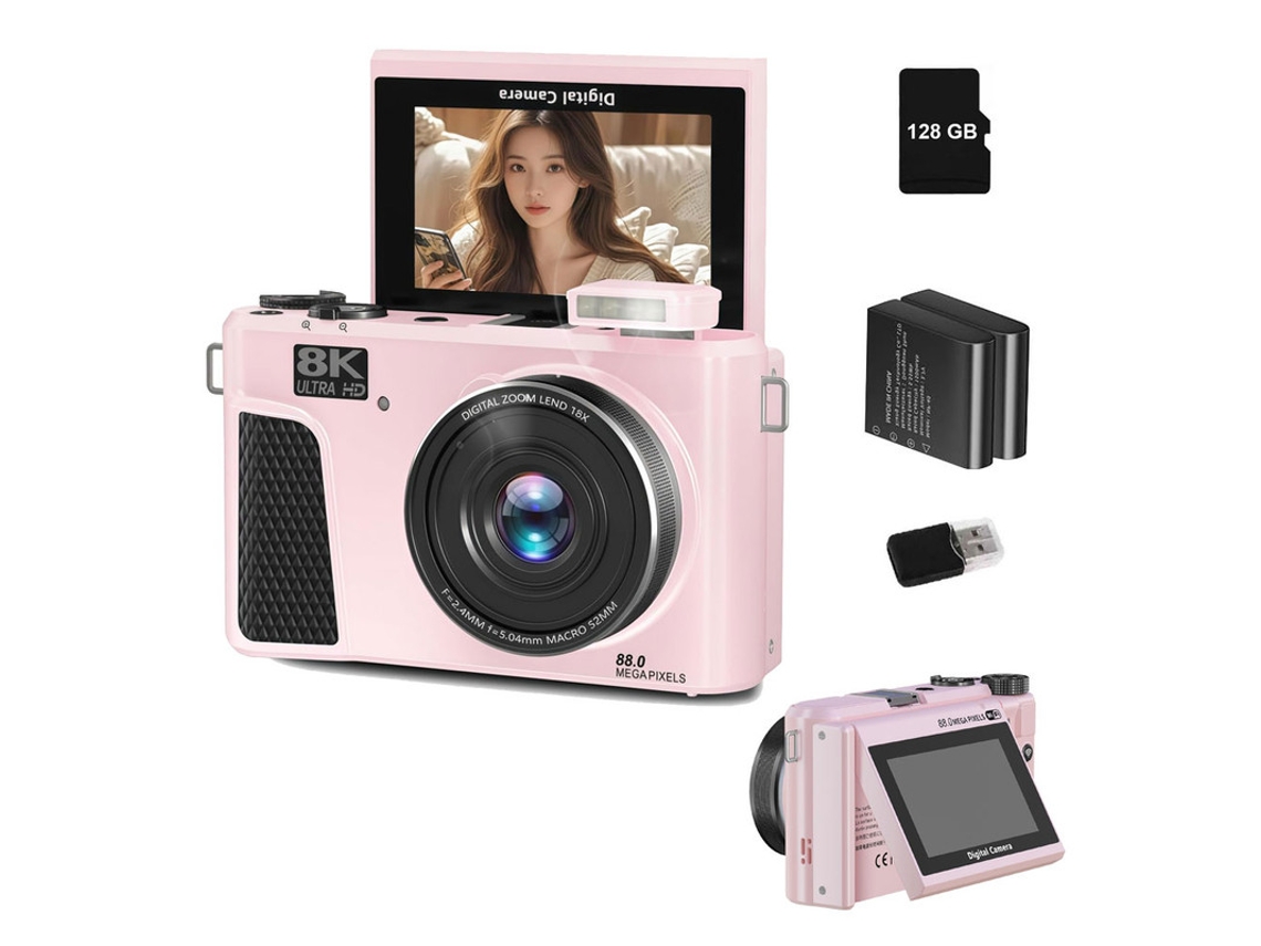 Cámara Digital Wd3 Szsmart 8k 88mp Autofocus Vlogging Con Wifi, Pantalla Flip 180° 3" Y Zoom 18x Para Youtube – 128gb + 2 Baterías - Rosa