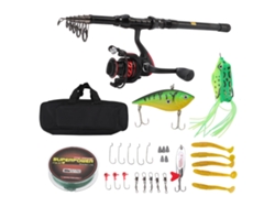 Kit de caña de pescar telescópica Mali Black Carbon con carrete, línea, señuelos y anzuelos para pesca en agua dulce y salada.