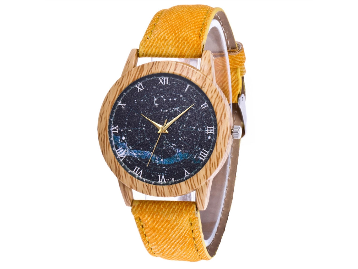Reloj De Pulsera De Cuarzo Informal Para Mujer Con Una Encantadora Correa De Cuero Con Estampado Amarillo.