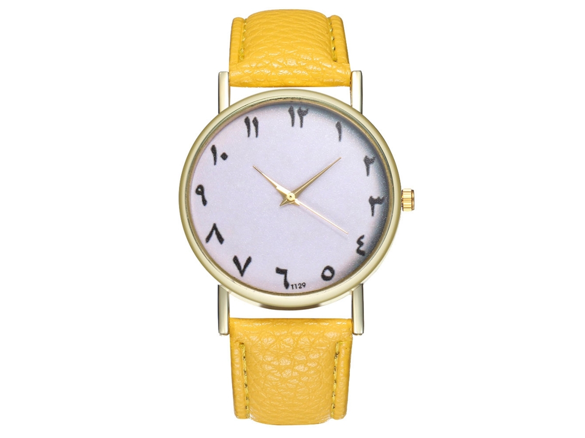 Reloj De Pulsera Analógico De Cuarzo Con Correa De Pu Amarilla - Estilo Sencillo Y Elegante