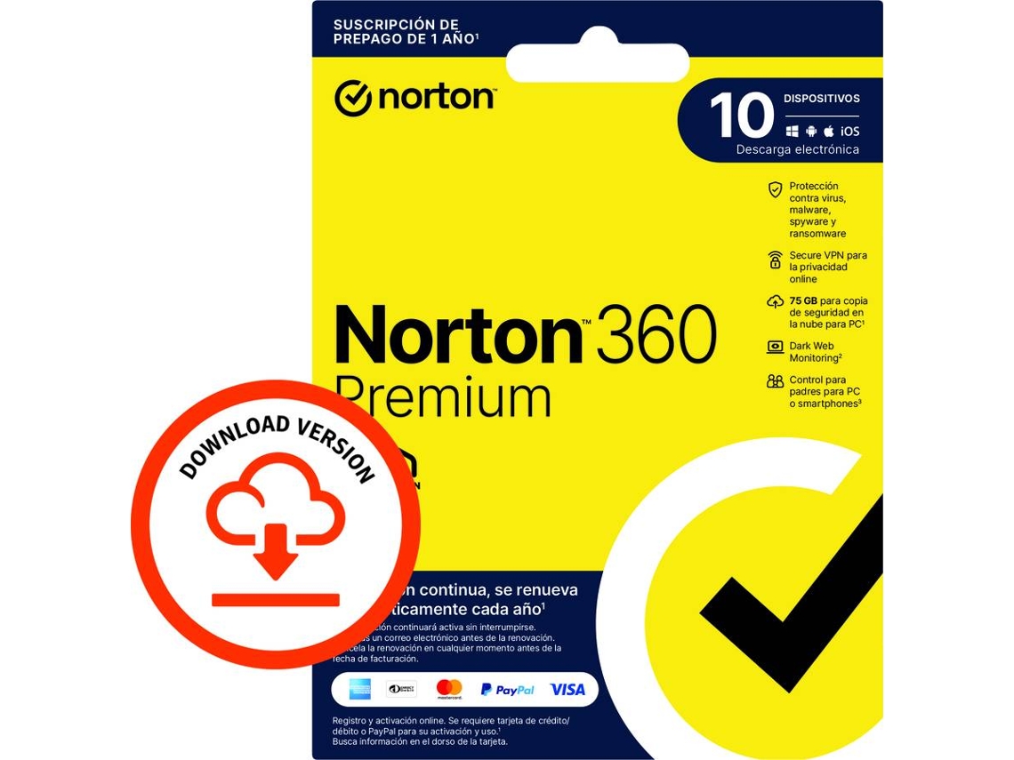 Software NORTON 360 Premium (10 Dispositivos - 1 año - Smartphone, PC y Tablet - Formato Digital)