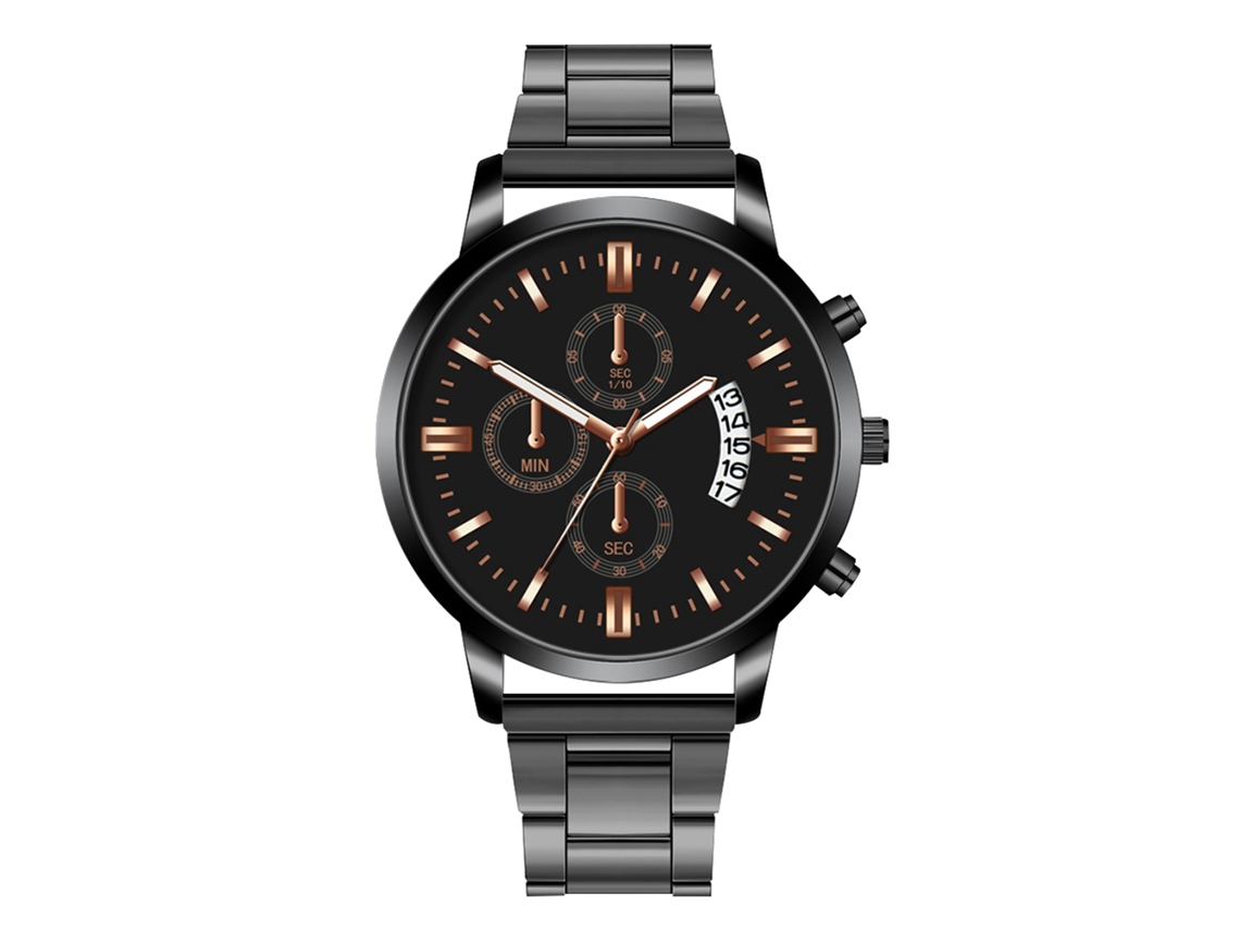 Reloj De Cuarzo Para Hombre Con Calendario Dial Redondo Correa De Acero Negro Oro Rosa