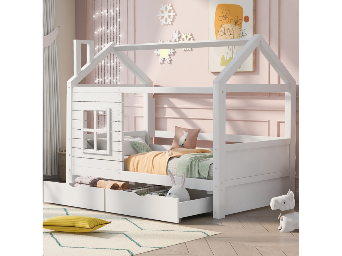Cama Infantil 90 X 200 Cm, Protección Contra Caídas, Madera Maciza, Somier, Blanco