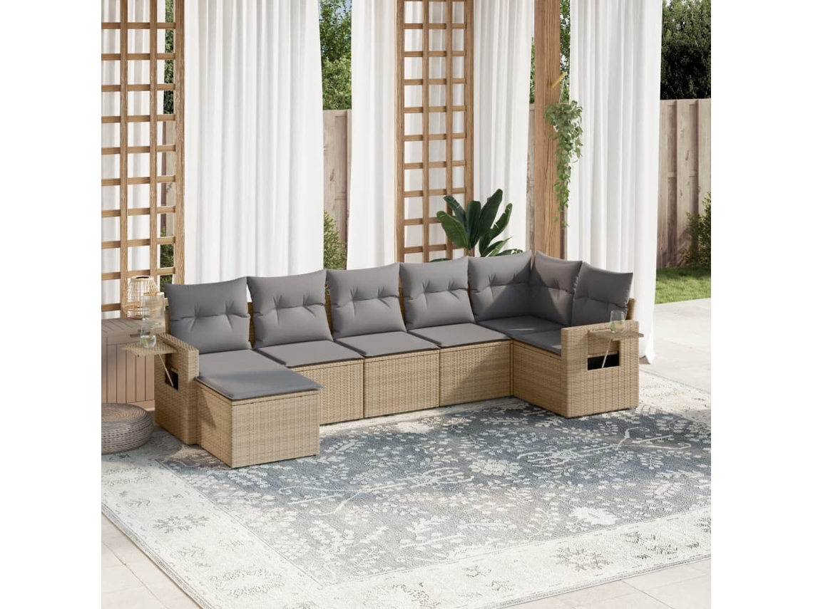Conjunto de sofá de jardín de 7 piezas con cojines, mimbre sintético beige, Dkd Home Decor