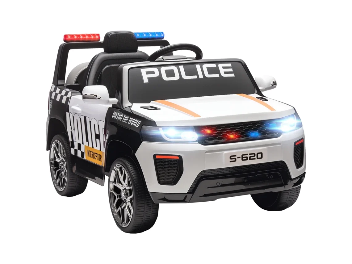 Vehículo patrulla eléctrico con control remoto, doble motor, sirena, blanco.