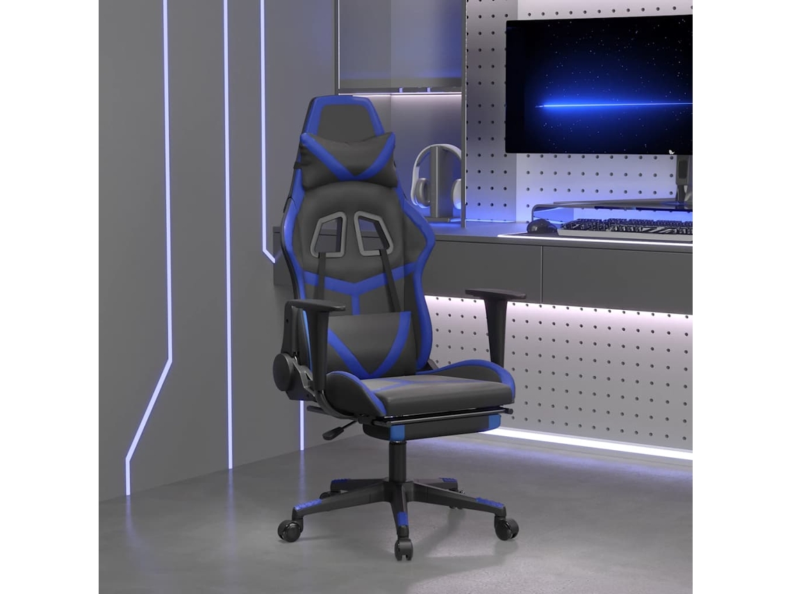 Silla Gaming De Masaje Y Reposapiés Cuero Sintético Negro Azul