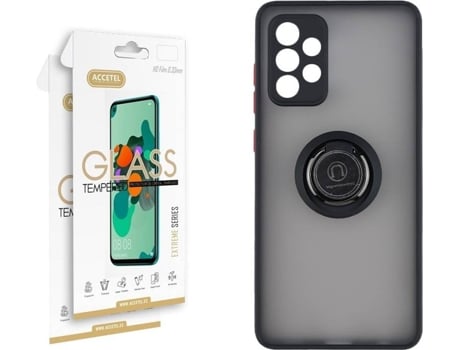 Funda y 2 Protectores de Cristal Samsung Galaxy A52 5G ACCETEL Gel Bumper Ring Negro
