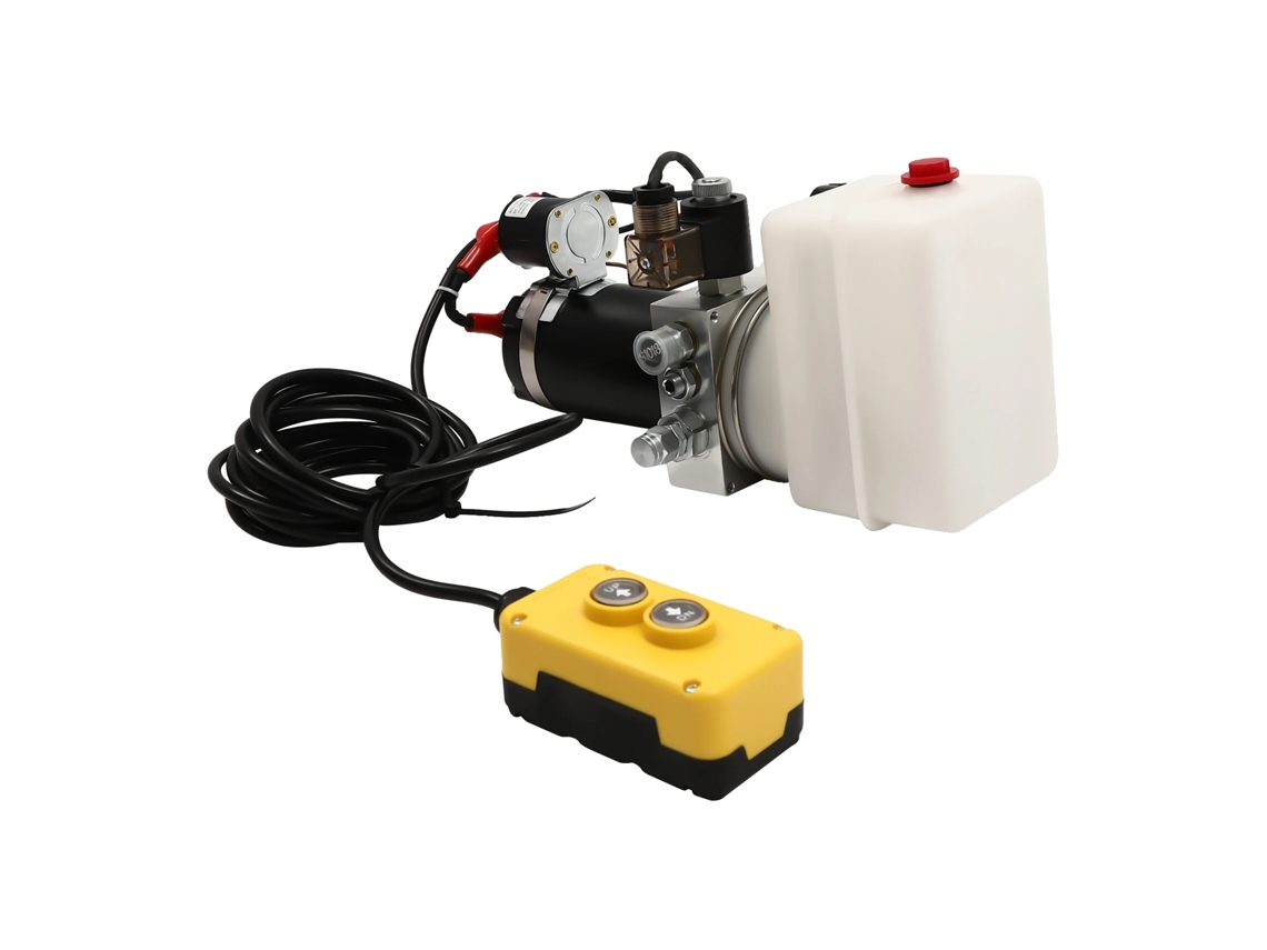 Bomba hidráulica, alimentación de 12 V, sistema de control remoto, color amarillo claro.