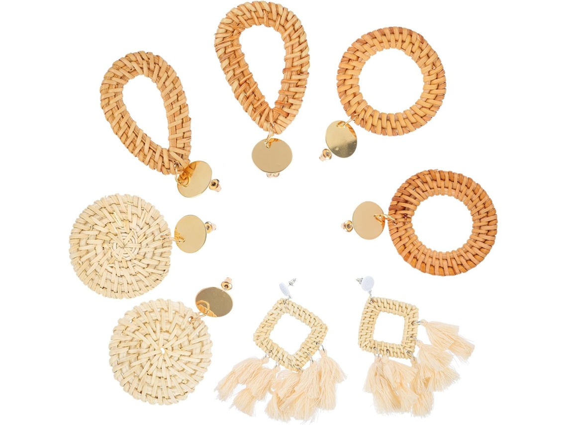 4 Pares De Pendientes Colgantes Geométricos De Ratán, Joyas Delicadas A Juego.