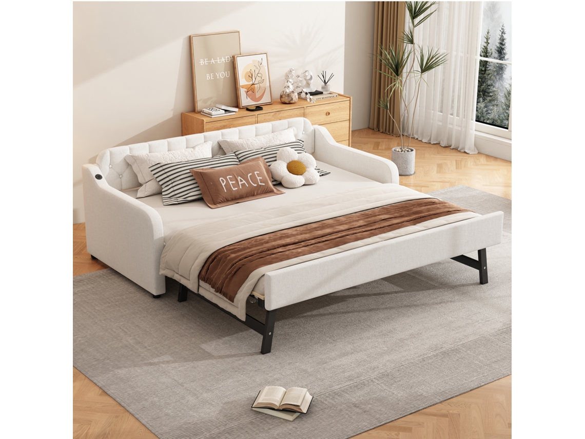 Sofá cama de 90-200 cm de diámetro, con cama nido extensible y conexión USB, color beige