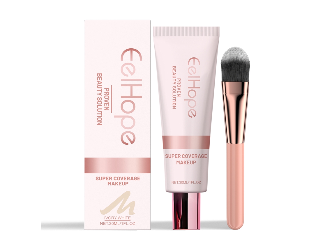 Base de maquillaje color blanco marfil con brocha