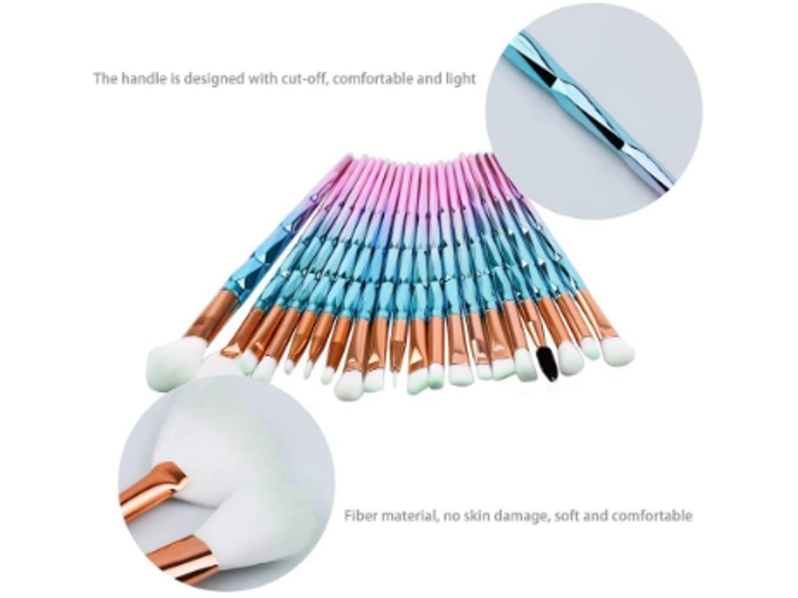 Juego de 20 brochas de maquillaje de unicornio, polvos, base, sombras de ojos, rosa y azul claro USHION