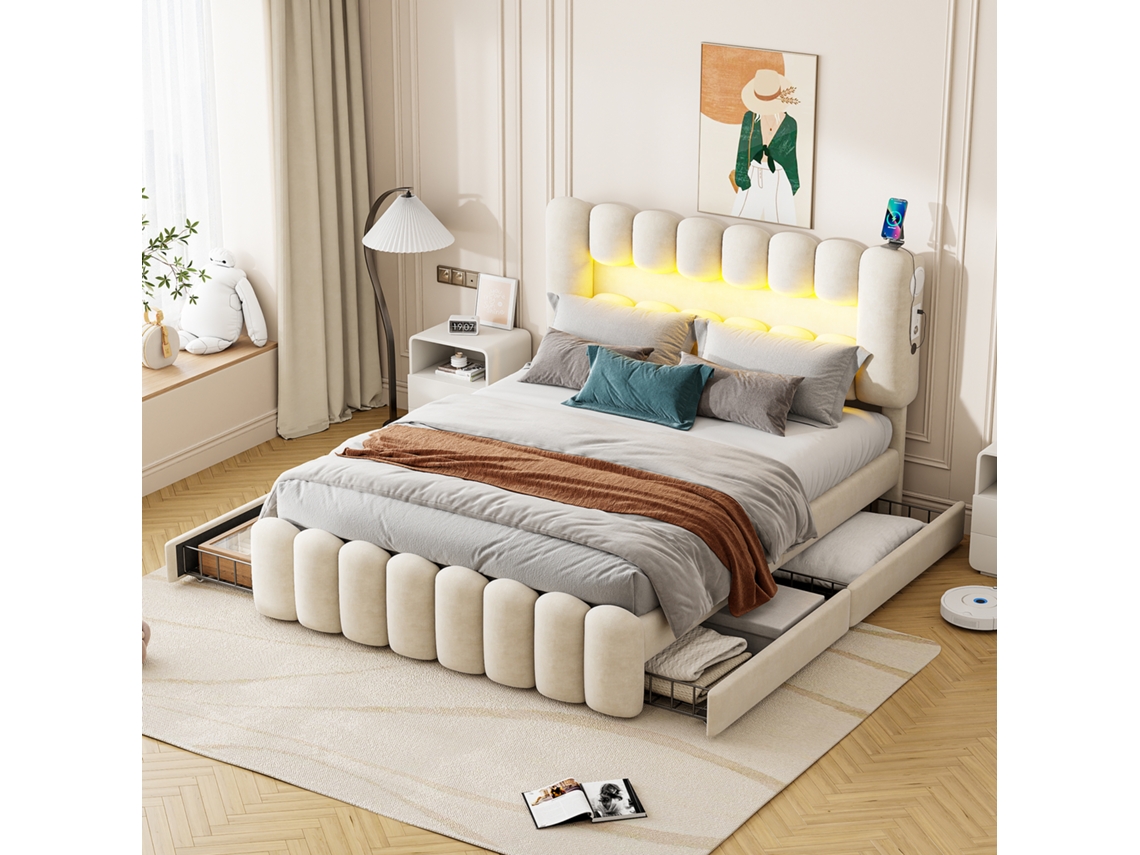 Cama Tapizada En Color Beige, De 160x200 Cm, Con Iluminación Led, Puerto Usb Y Sistema De Sonido.