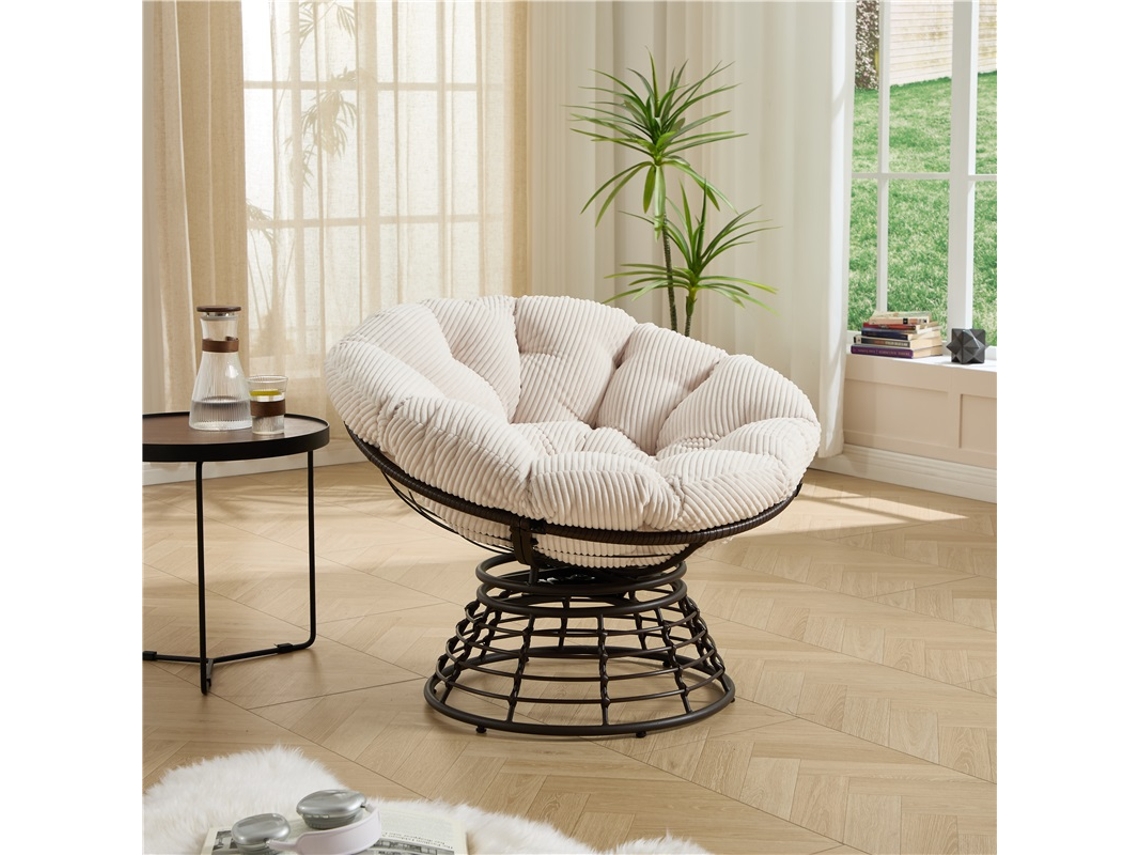 Silla Papasan De Mimbre Con Estructura De Pana Blanca Y Marrón, Giratoria 360°.