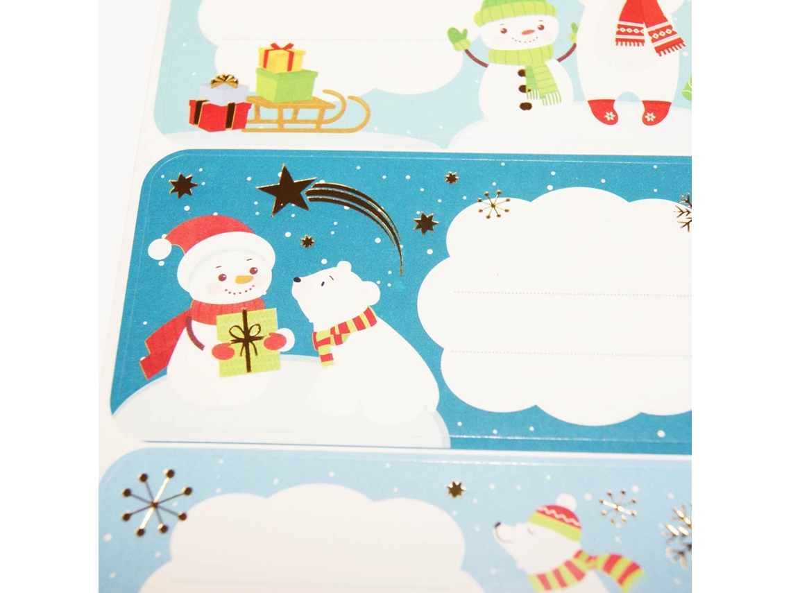 12 Pegatinas GLOBAL GIFT adhesivas de Navidad - Muñeco de nieve y Oso blanco