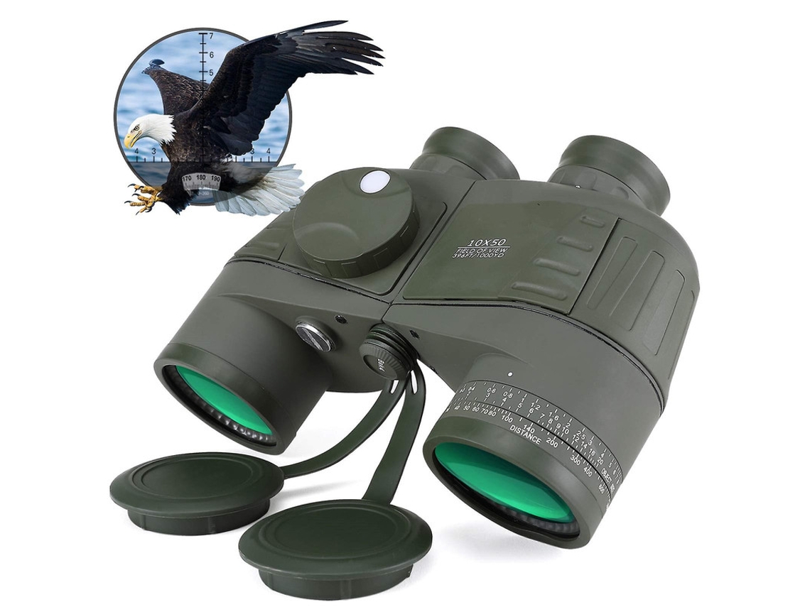 Binoculares 10x50 Bak4 con prisma multicapa IP68, brújula, telémetro, observación de aves, viajes, barco, verde militar, Bestvite