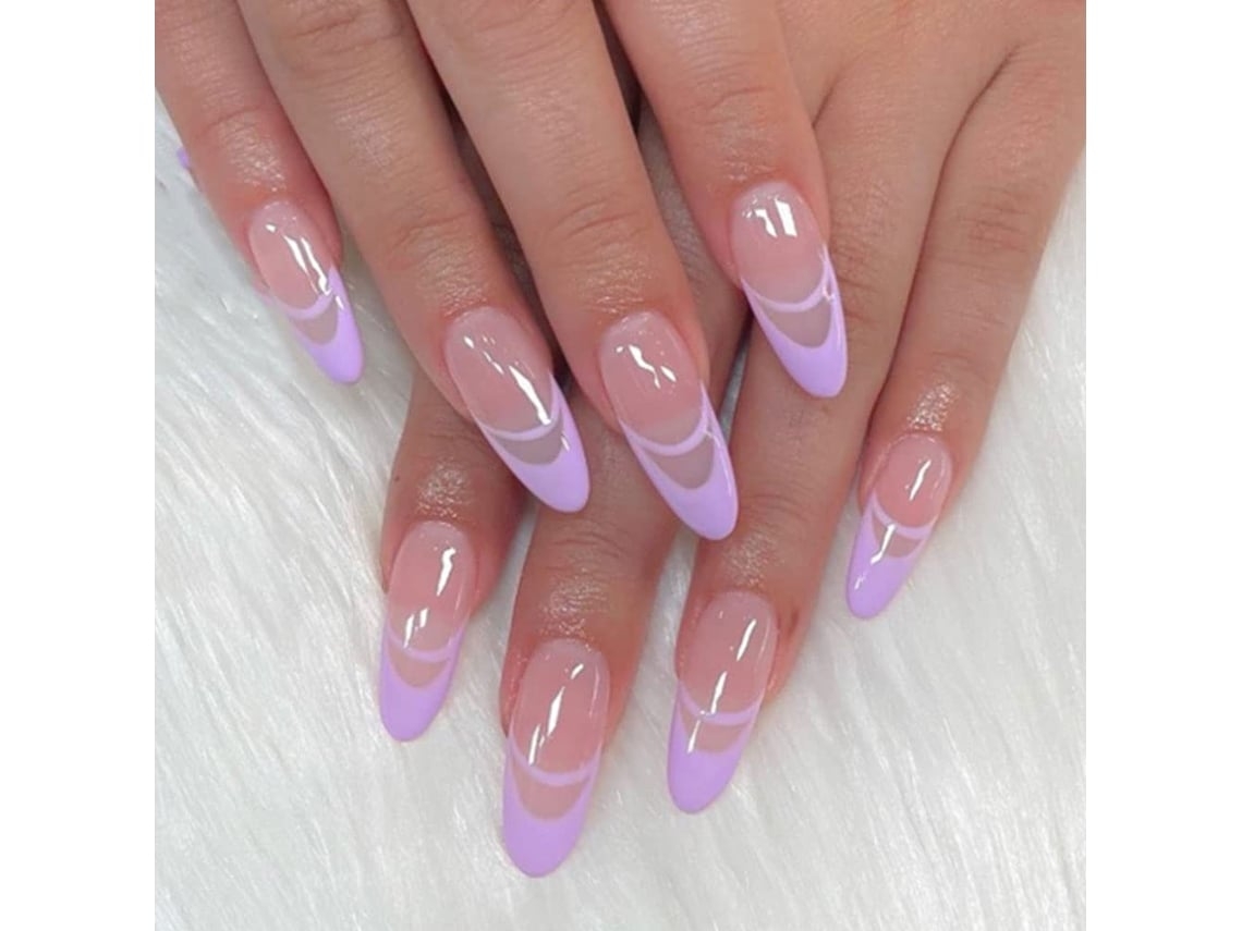 Un Juego De 24 Pegatinas Sencillas De Manicura Francesa Color Lila + Pegamento Transparente Normal*.
