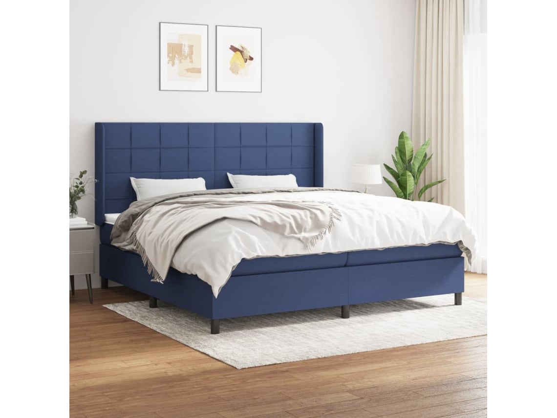 Cama Box Spring Con Colchón Tela Azul 200x200 Cm