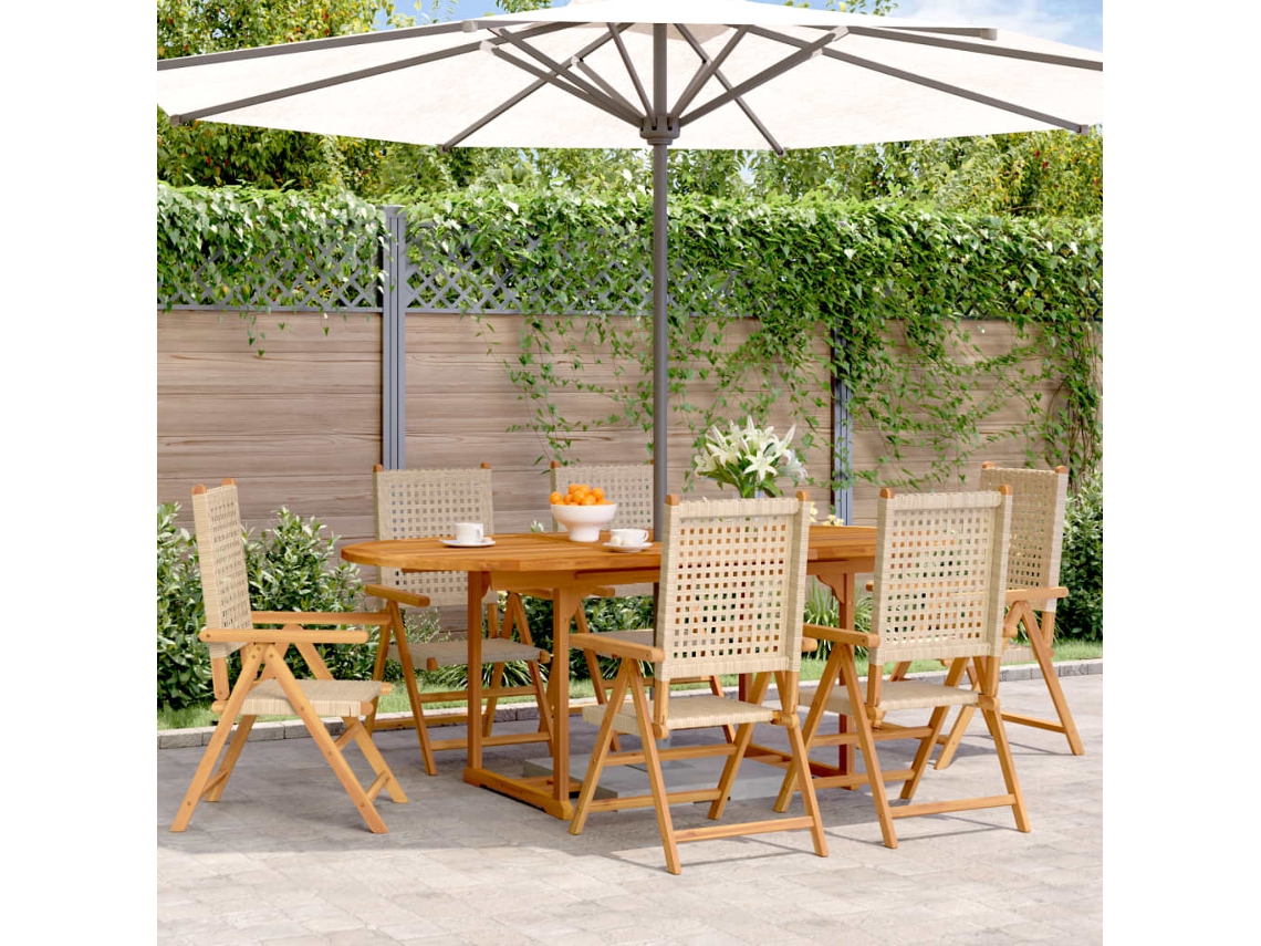 7pcs Conjunto De Jantar P/ Jardim Vime Pe/ Madeira Maciça Bege Dkd Home Decor