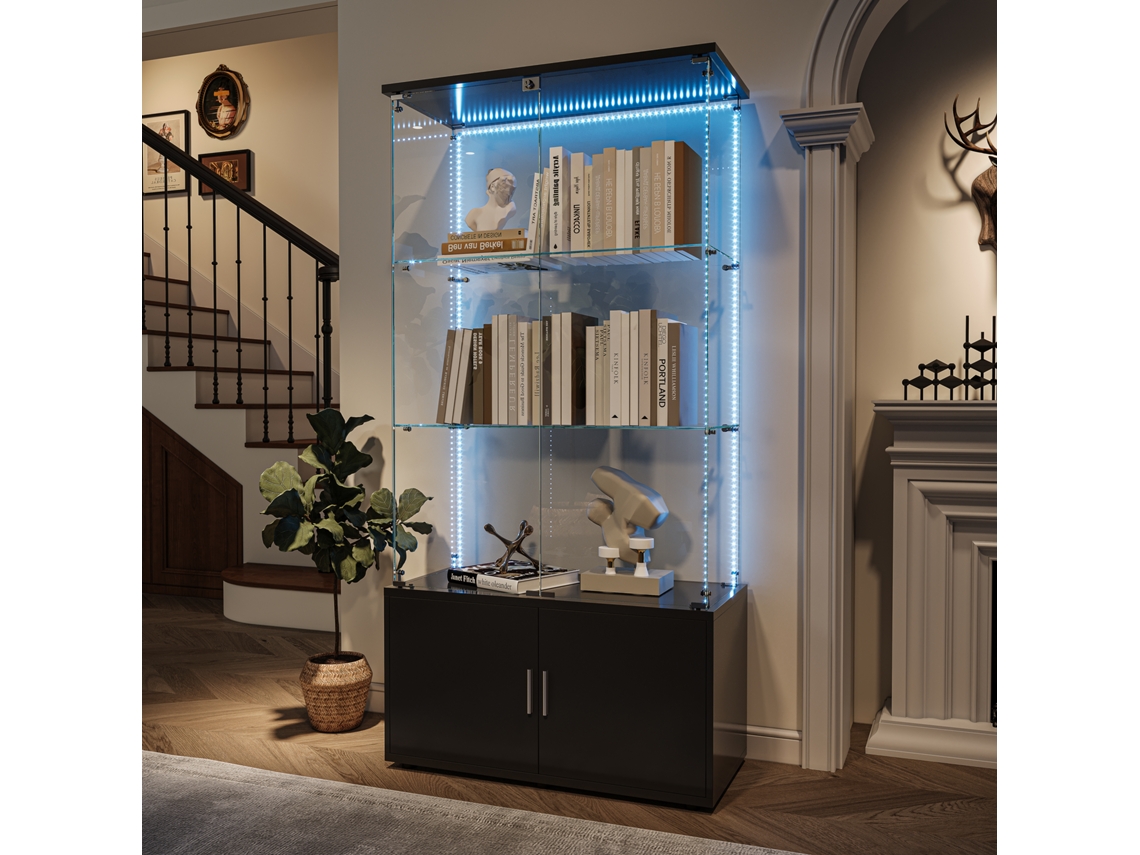 Vitrina de cristal con tira de luz LED, cerradura y cristal templado, 3 niveles, ideal para salón y dormitorio, 78 x 35 x 164 cm, Negro ROSAHQNDA