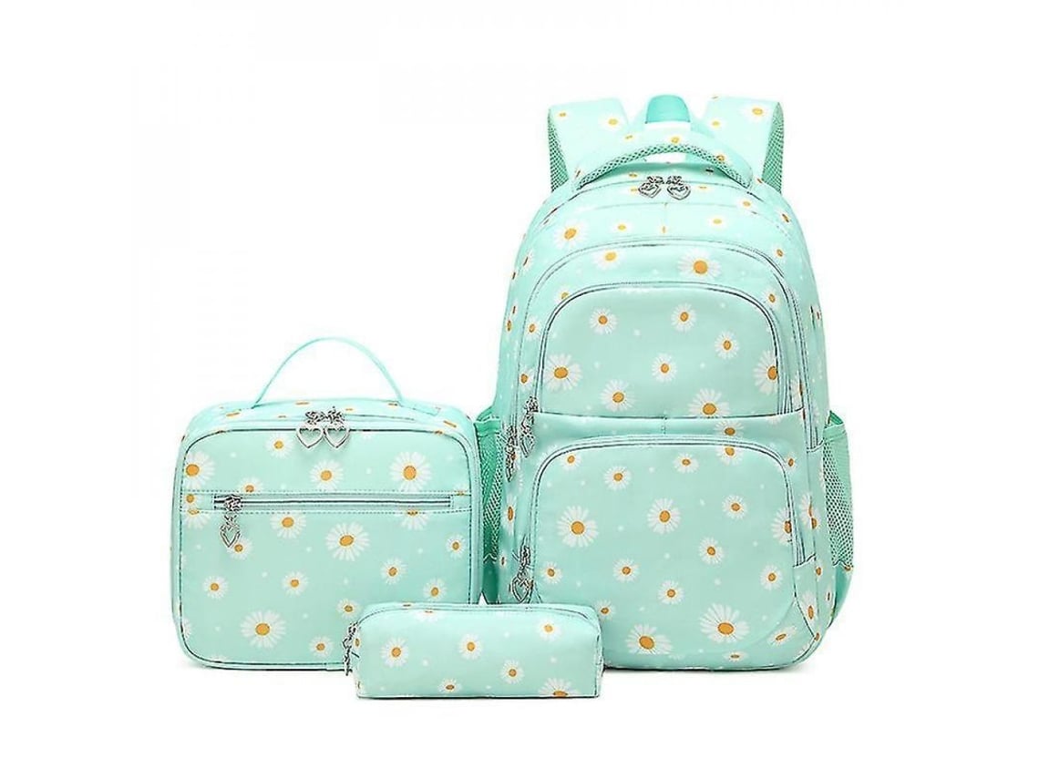 Conjunto De Mochila 3 Piezas Con Estampado De Margaritas Mochila+bolsa De Almuerzo+estuche Hrs Verde