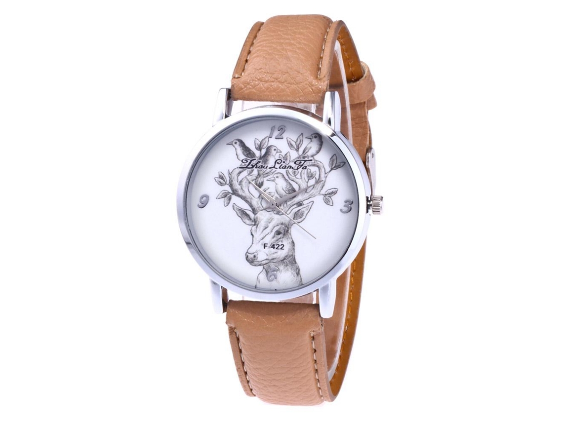 Reloj De Cuarzo Con Correa De Cuero Para Hombres, Dial Con Patrón De Ciervo Y Pájaro Pequeño (beige)