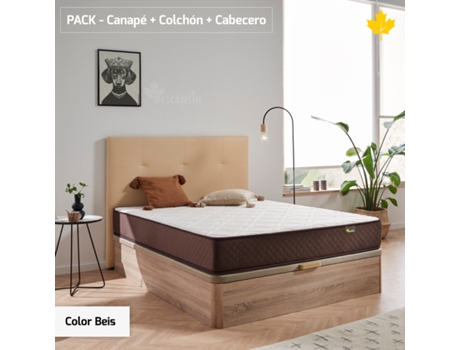 Pack Colchón y Cabecero y Canape Abatible DESCANSIN (135 x 190 cm - Beis)