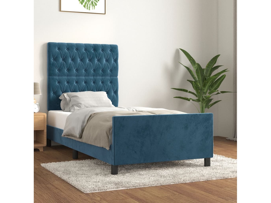 Cama de terciopelo azul oscuro con plataforma y cabecero (100x200 cm)